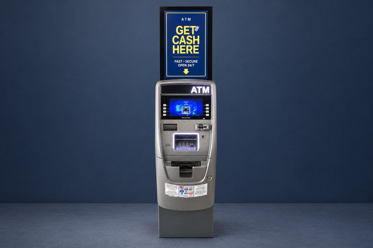 An ATM with a portrait advertising topper mounted above it.